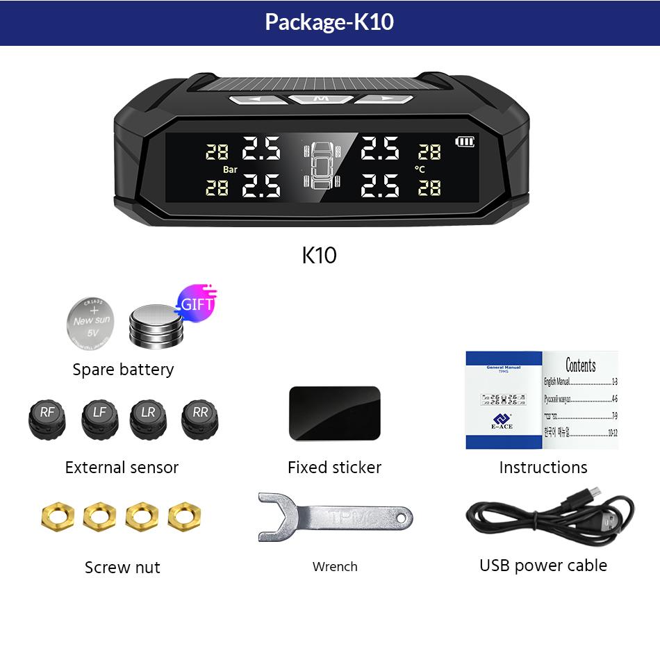 E-ACE K10 Солнечная TPMS Автомобильная система сигнализации давления в шинах Система контроля температуры шин Цифровой дисплей Автоматические системы охранной сигнализации с 4 датчиками
