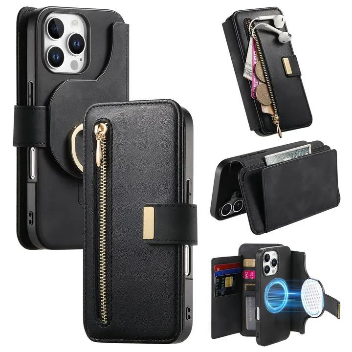 Phone Case For iPhone 17 17E 16E 16 15 14 13 12 11 Pro Max Xs Xr 7 8 Plus SE 2025 2In1 Detachable Leather Zipper Wallet Cover