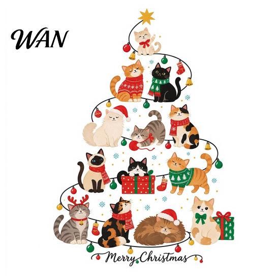Window And Glass Decorations Christmas Tree Shape Wall Stickers with Xmas Elements/Puppy/Kitten Patterns, Self-Adhesive PVC Decals, Decorative Nursery
