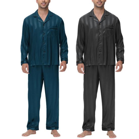 2 шт./компл. Шелковый атласный мужской пижамный комплект с пуговицами, длинный рукав, пижамный топ с воротником-стойкой