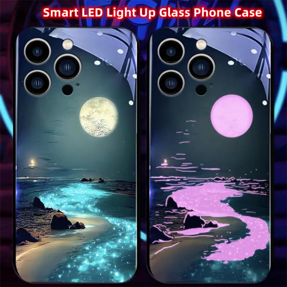 Luminous Phone Case Meteor Beach Luminous Glass LED Call Flash Phone Protective Case Suitable for IPhone