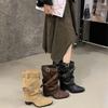 2025 New Retro Pointed Thin Boots Belt Buckle Thin But Knee Pile Boots Women's Versatile Thick Heel Mid Boots