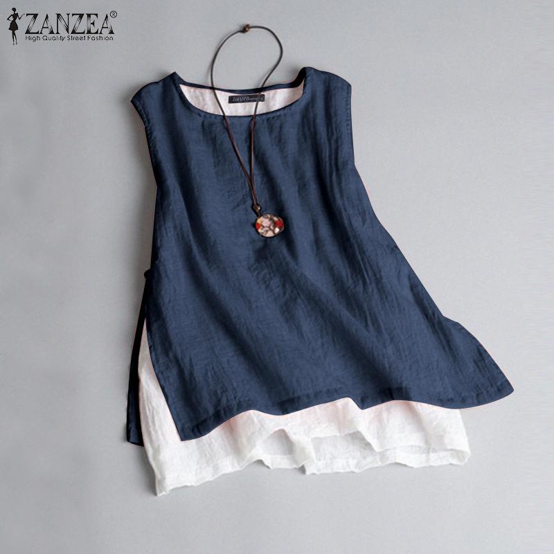 ZANZEA Women Summer Loose Casual O-neck Sleeveless Double Layer Tank Tops