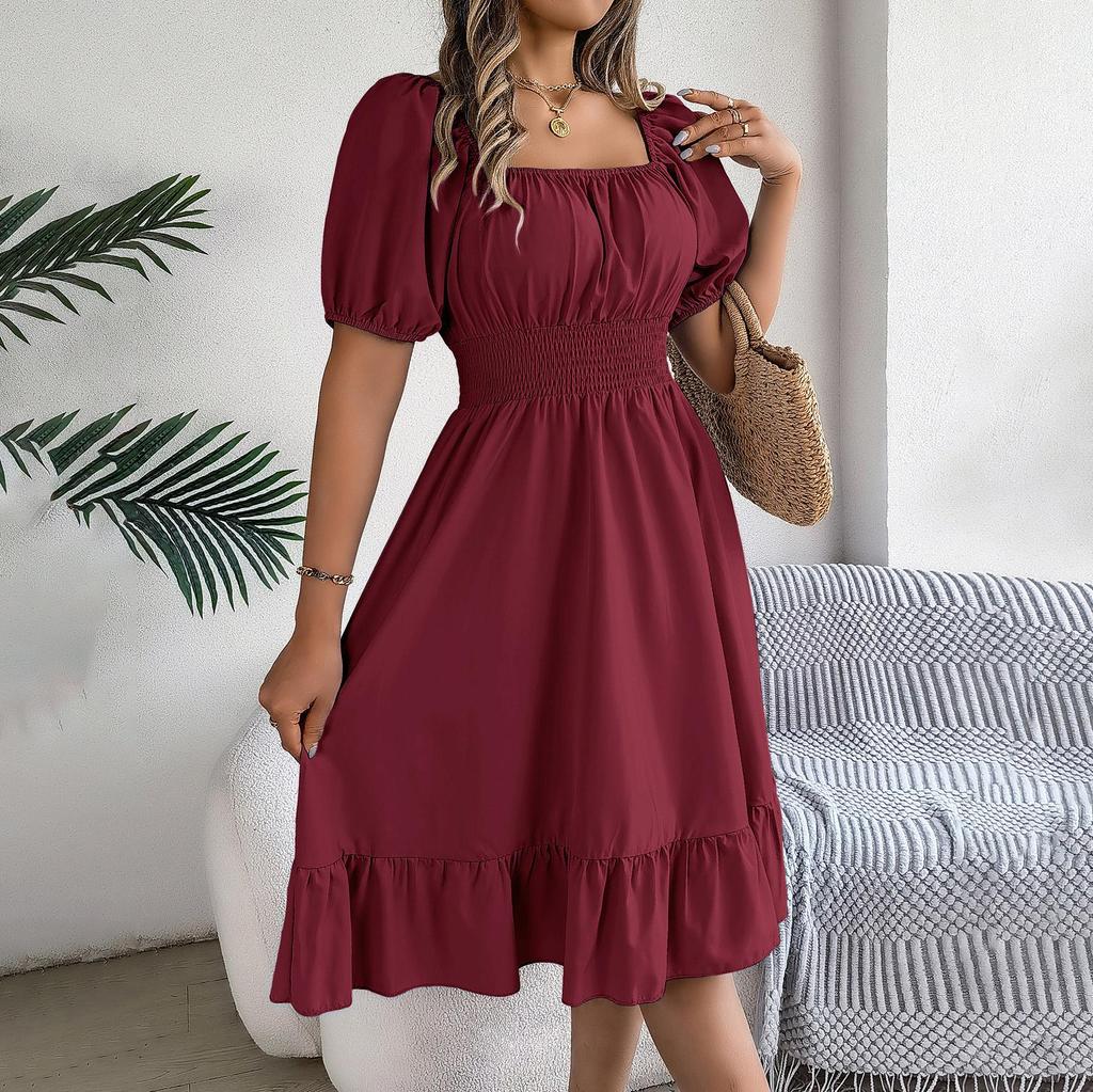 Женское осенне-зимнее темпераментное однотонное плиссированное платье с высокой талией и короткими рукавами на шнуровке