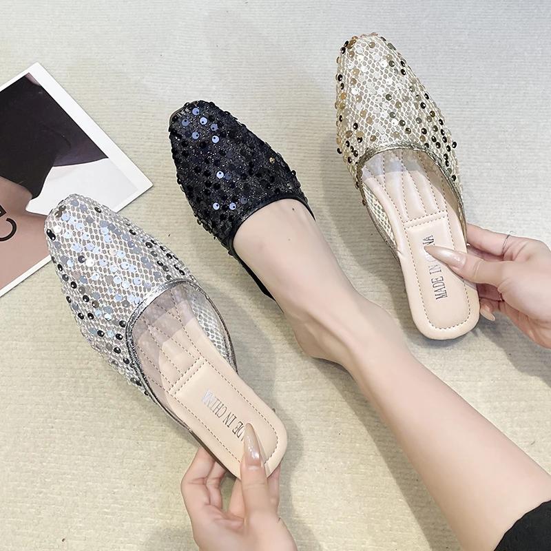 2026 new summer fashion luxury flat heel party shoes flat slip-on casual comfortable ladies diamond slippers
