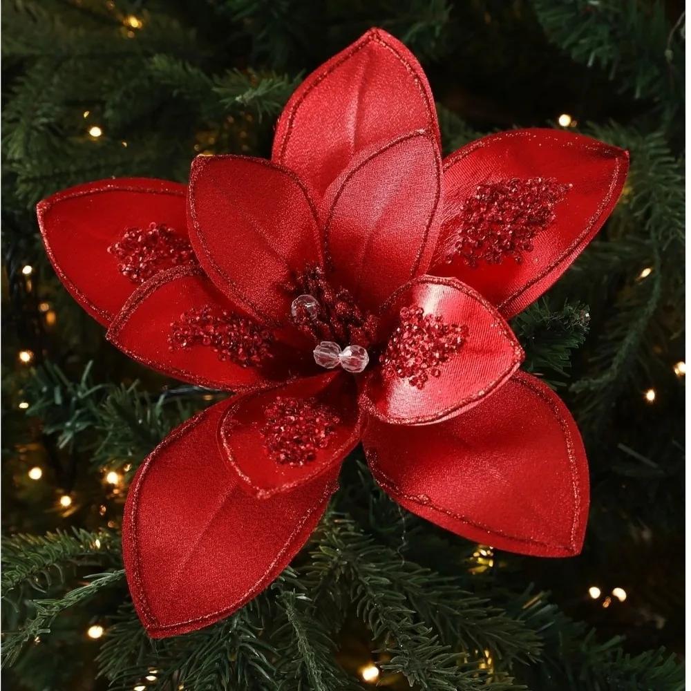 New 15CM Artificial Poinsettia Flower Sequins Glitter Simulation Flowers Sparkling Christmas Glitter Flower Wedding Decoration
