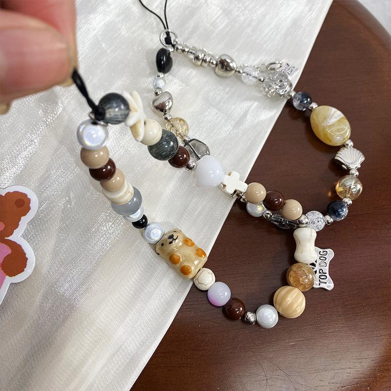 Браслет-цепочка с бисером в виде медведя-щенка для мобильного телефона, ремешок для телефона с защитой от потери, брелок с бусинами и подвеской для Xiaomi, iPhone