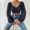 Summer V-neck Chiffon Drawstring Lantern Sleeve Tight Fashion Sexy Shirt Short Top