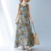 Real summer new bohemian literary loose round neck print sleeveless dress women's medium and long