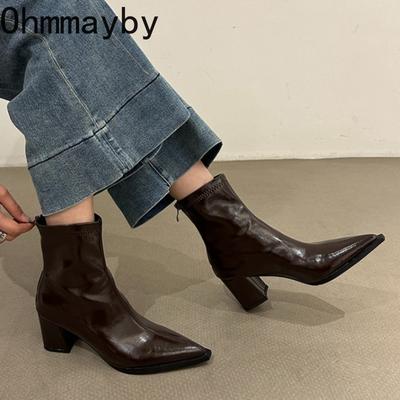 Уличный стиль Острый носок Толстый каблук Женские ботильоны Дизайн Эластичные Облегающие Короткие ботильоны Осень Зима Женская обувь
