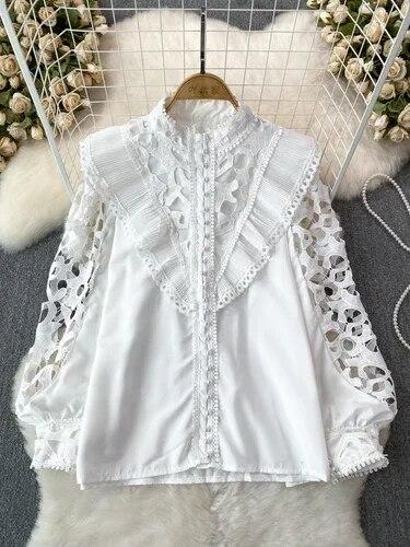 Винтажная блузка в стиле суда для женщин, с воланами, ажурные кружевные лоскутные рубашки с длинными рукавами-фонариками, женские блузки, Прямая поставка