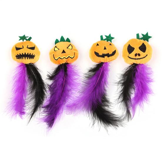 Self-entertainment Cat Toy Halloween Pumpkin Toy, Squeaky Stuffed Chew Interactive Soft Plush with Feathers for Indoor Cats