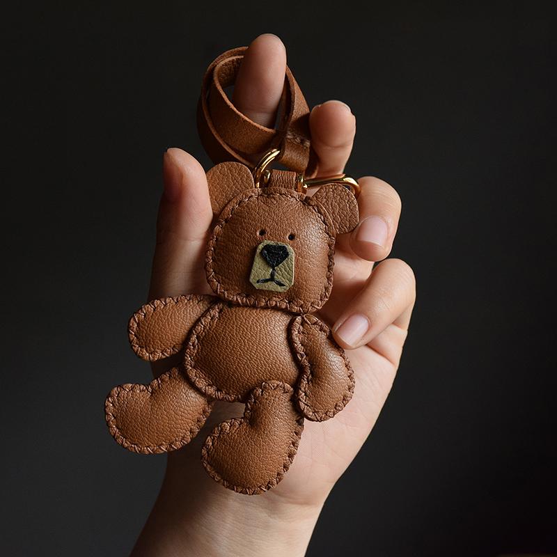 Original Design Teddy Puppet Bear Leather Car Key Bag Pendant Handmade Custom Gift Women's Keychain