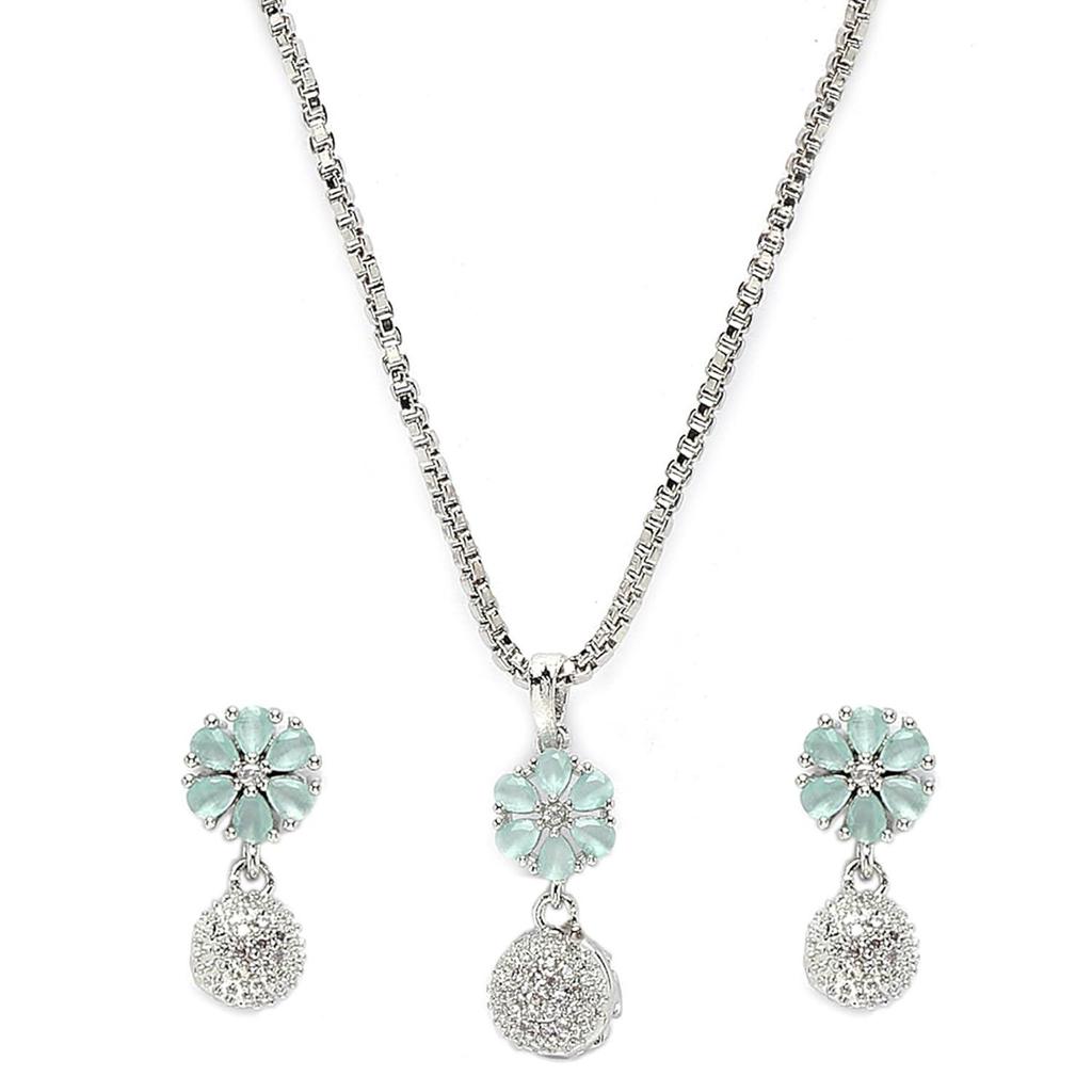 Plated Silver Toned Green Cubic Zirconia Studded Floral Shaped Cute Pendant with Earrings Jewellery Set