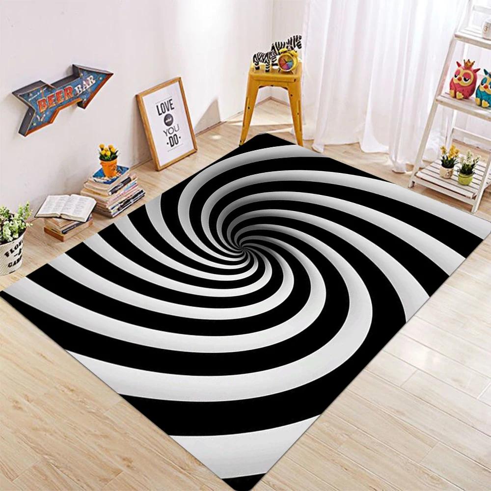 Black and White Intersecting Lines Optical Illusion Carpet Trap Area Anti Slip Square Living Room Short Plush Vortex Carpet