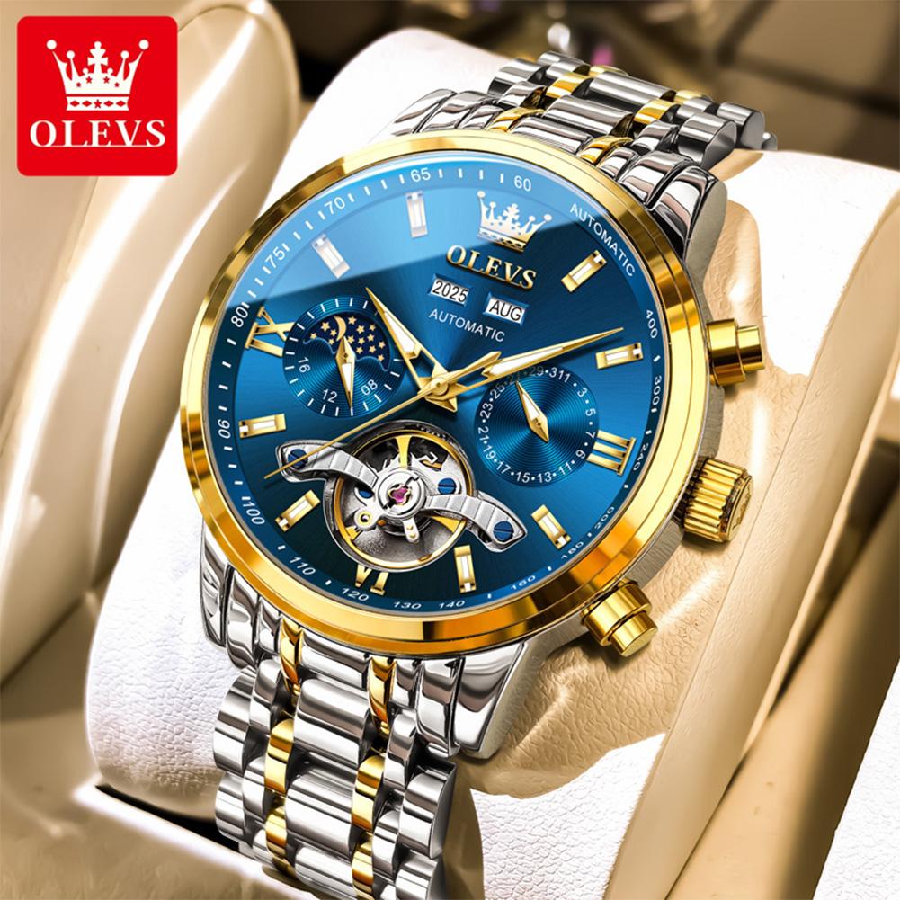 OLEVS Watches for Men Skeleton Flywheel Automatic Mechanical Men's Watches 24 Hour Moon Phase Waterproof Luxury Man Watch 6740