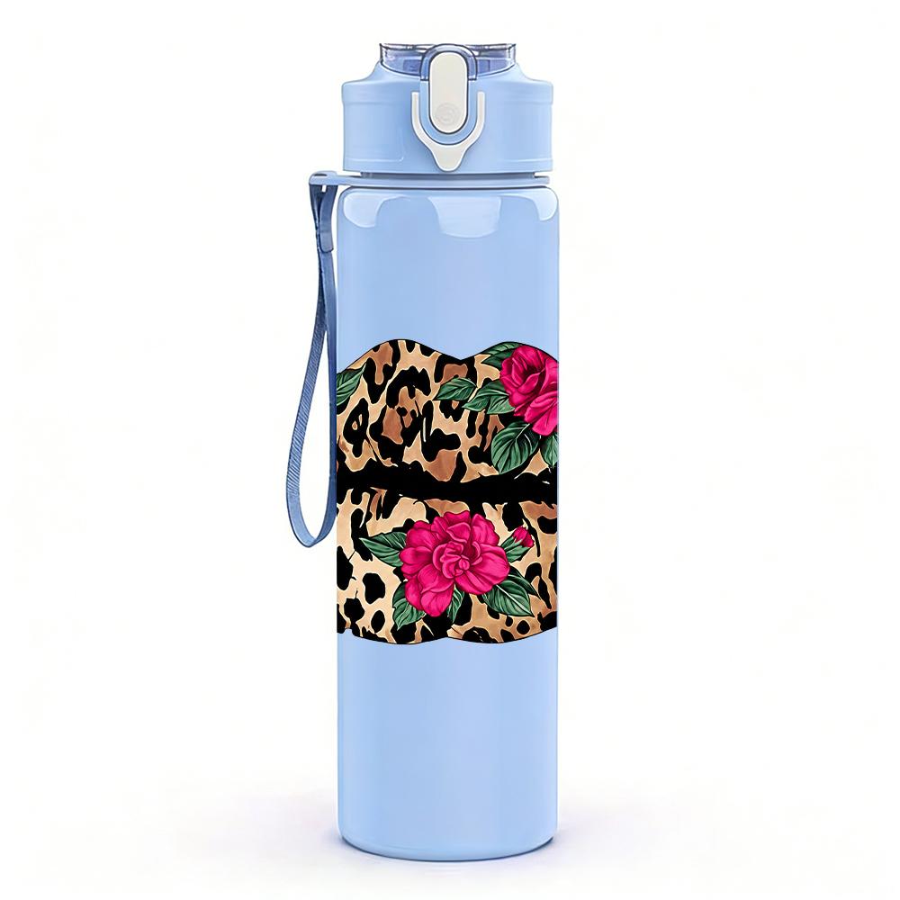 1PC Leopard Lips Rose Graphic,750ml Color Plastic Sports Water Bottle,Leakproof Flip Straw Lid,Suitable for Sports Office Home Use