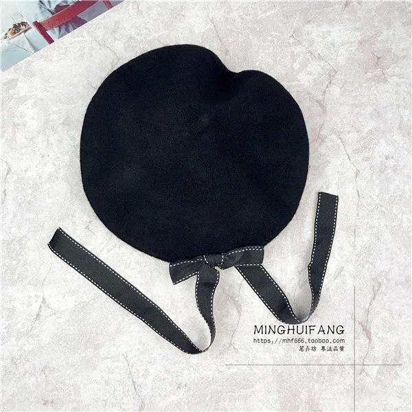 New Harajuku Bow Wool Beret Tide Ladies Autumn Winter Bud Painter Hat Versatile Black