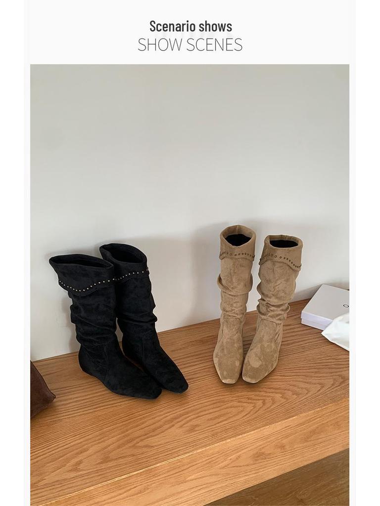 Женские ботильоны из овчины в французском нишевом стиле с острым носком, на танкетке, со сборками, в ковбойском стиле, 2025