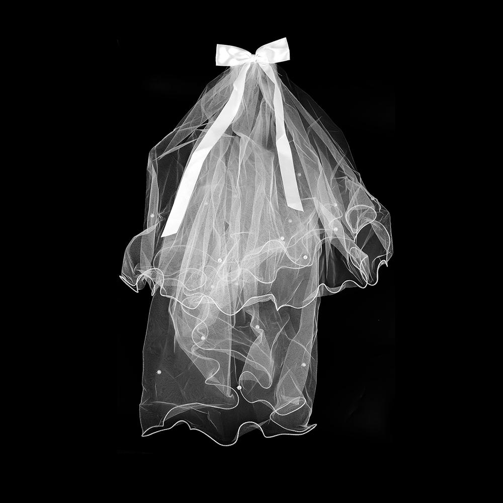 Завитая двухслойная вуаль с жемчужным бантом