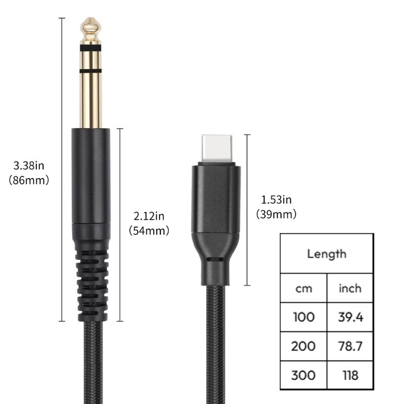 Кабель-шнур Type C на 6,35 мм Линия подключения электрогитары USB C на 1/4 дюйма TRS Кабель для записи Черный