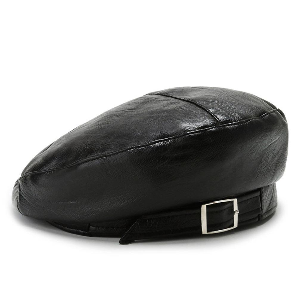 PU Leather Beret Hat Black Color Painter Hat Versatile Octagonal Cap Outdoor Casual