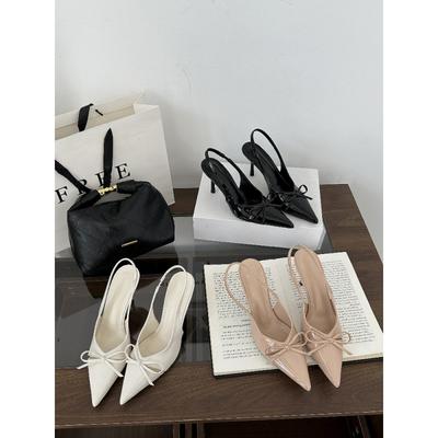 Туфли на высоком каблуке сумка голова пустая сандалии новые телесные острый носок бант острые одинарные туфли