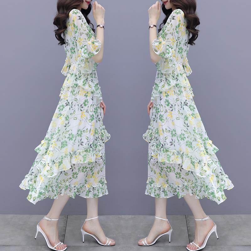 Элегантное цветочное шифоновое платье Летнее приталенное Многоярусная юбка Свежий стиль Мода