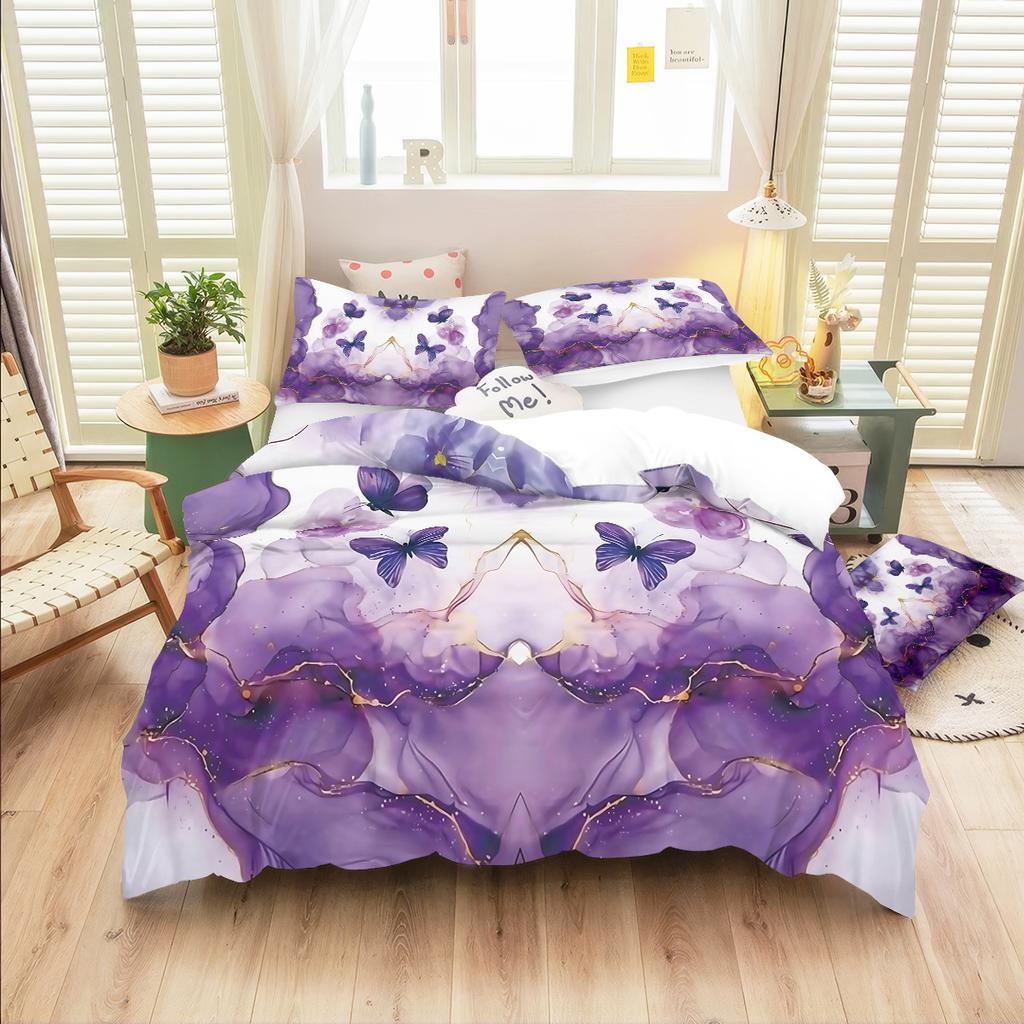 3Pcs Purple Butterfly Pattern Bedding Set, 1*Quilt Cover+2*Pillowcase, Suitable For Girls And Women Bedroom, Birthday Gift