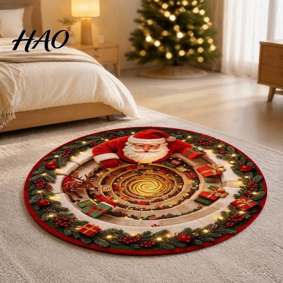Round Christmas Area Rugs Rug, 3D Visual Trap Floor Mat with Santa Elk Print, Non Slip Holiday Decor Non-Slip Stain Resistant Winter Carpet for Living