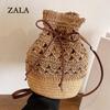 Bohemian Holliw Straw Bag For Women Summer Woven Bucket Bag Holiday Lady Beach Bags Casual Drawstring Crossbody Bag