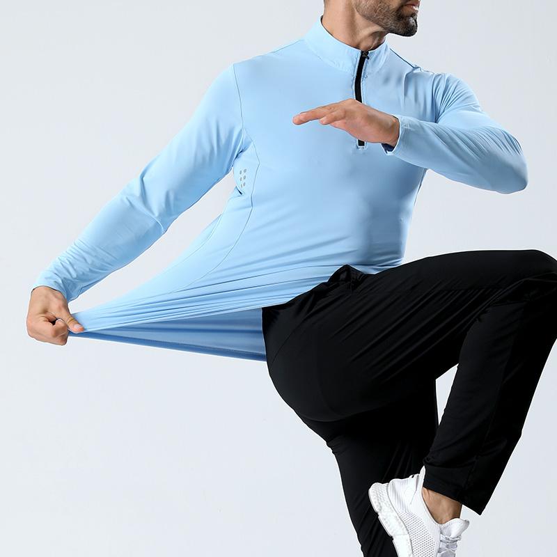 Long Sleeved T-shirt Men's Stand Up Collar Zipper Top New Thin Outdoor Fitness Sports Casual Elastic Slim Fit Base Shirt