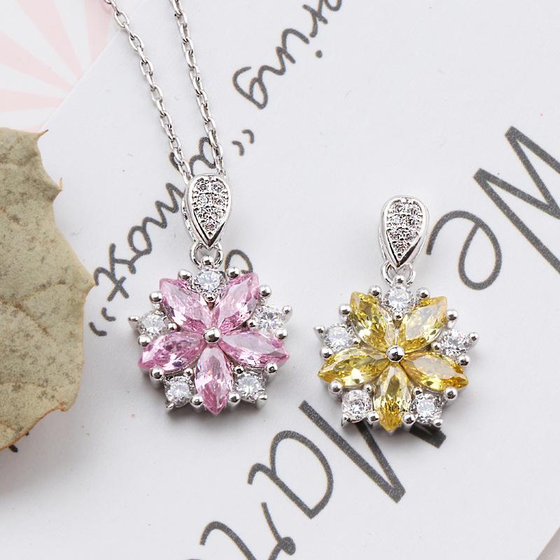 Buyee 925 Sterling Silver Flower Pendant Chain Pink Yellow Crystal Cherry Blossoms Pendant for Woman Fine Jewelry Chain