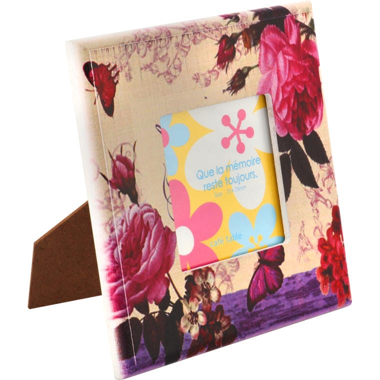 Wooden standing photo frame with flowers and butterflies, 13.5x13.5 cm