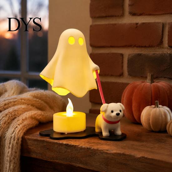 Creative Halloween Table Centerpiece Ghost Walking Dog Figurine, Cute Spooky Statue with Whimsical Room Accessories LED Candle, 3D Printed Tabletop