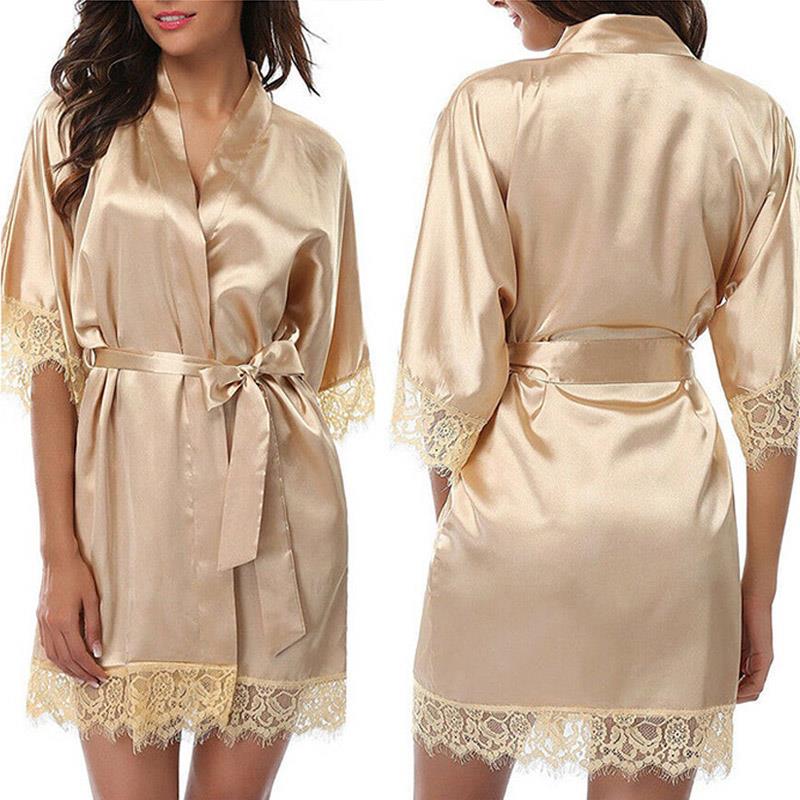 Женская летняя сексуальная ночная рубашка, однотонный шелковый атласный халат, свадебное платье подружки невесты, банный халат