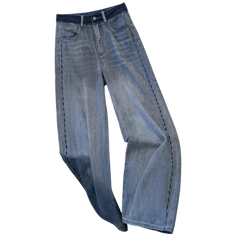 Женские джинсы палаццо премиум-класса серого цвета на флисовой подкладке - Осень/Зима 2024 Вышитые с высокой посадкой Свободного кроя