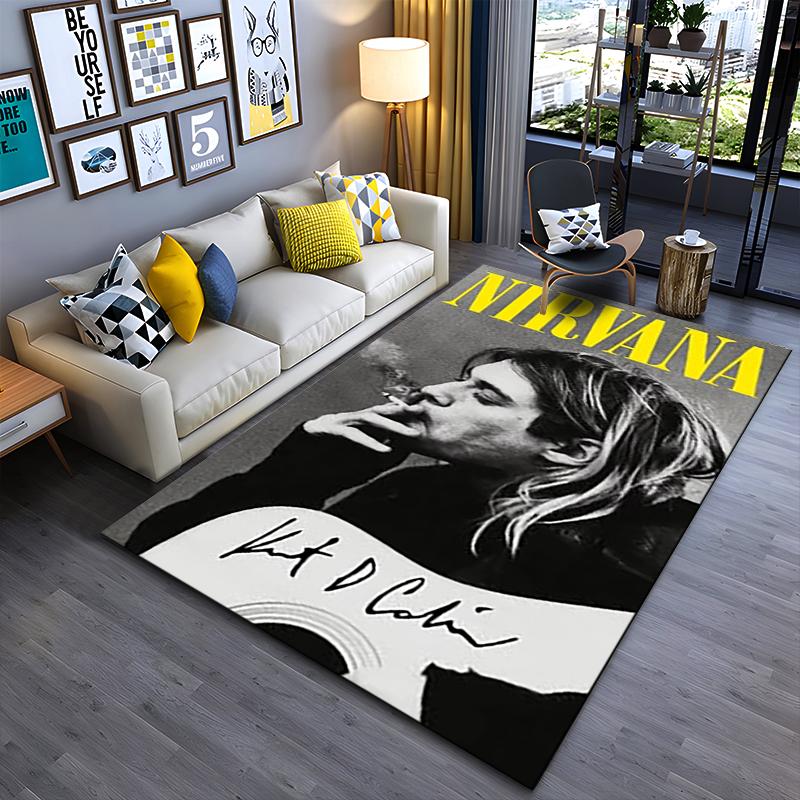 Pop Culture Area Rug, Nirvana Kurt Cobain Smoking Guitar Yellow Black Poster, Man Cave Decor, Non-Slip Mat