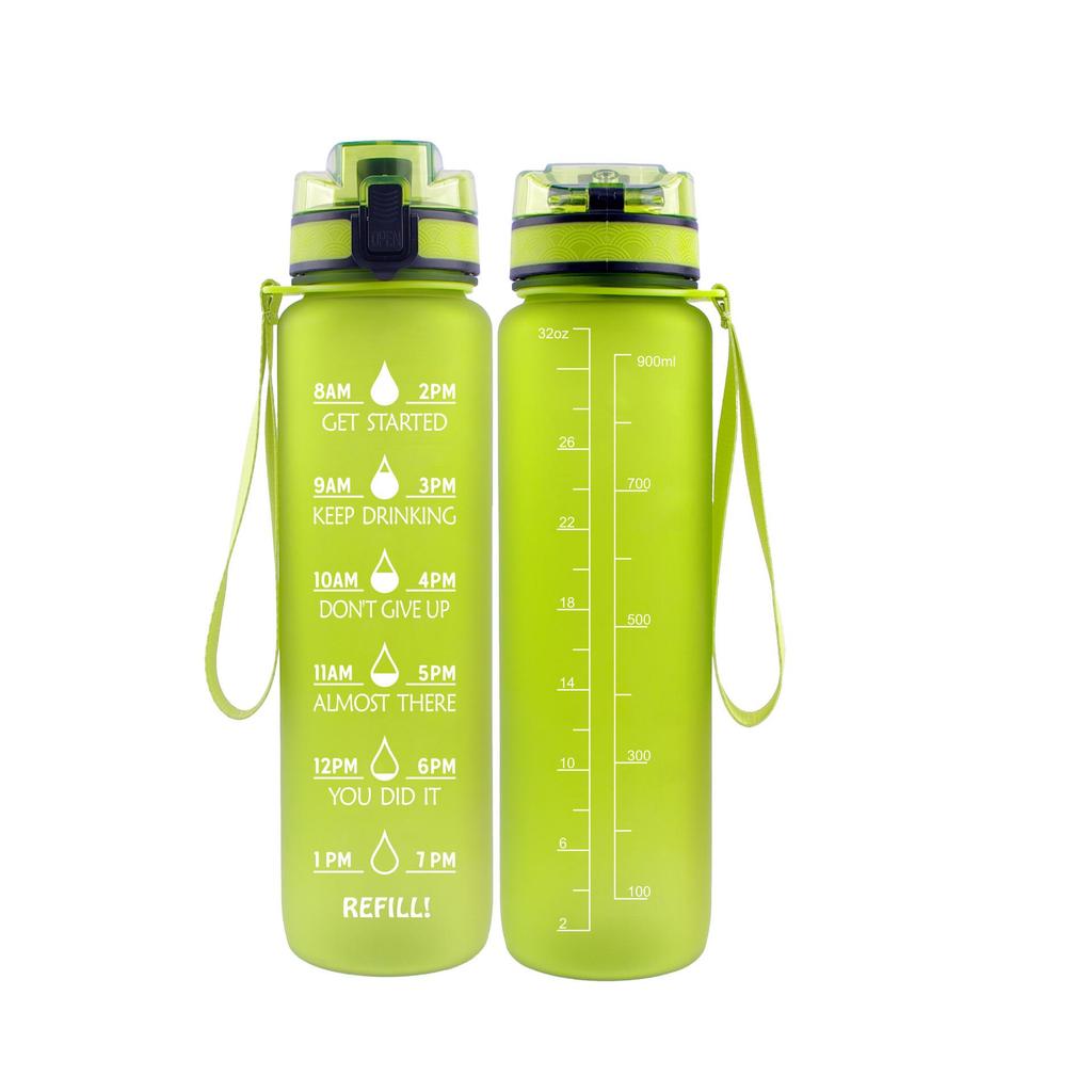 Tritan Frosted 1000ml Plastic Water Bottle with Time & Capacity Scale, Portable Handle