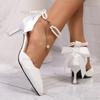 Туфли-лодочки с острым носком и ремешком на щиколотке на высоком каблуке, женские, белые, атласные, с бантом, для банкета, женские, элегантные, на шпильке