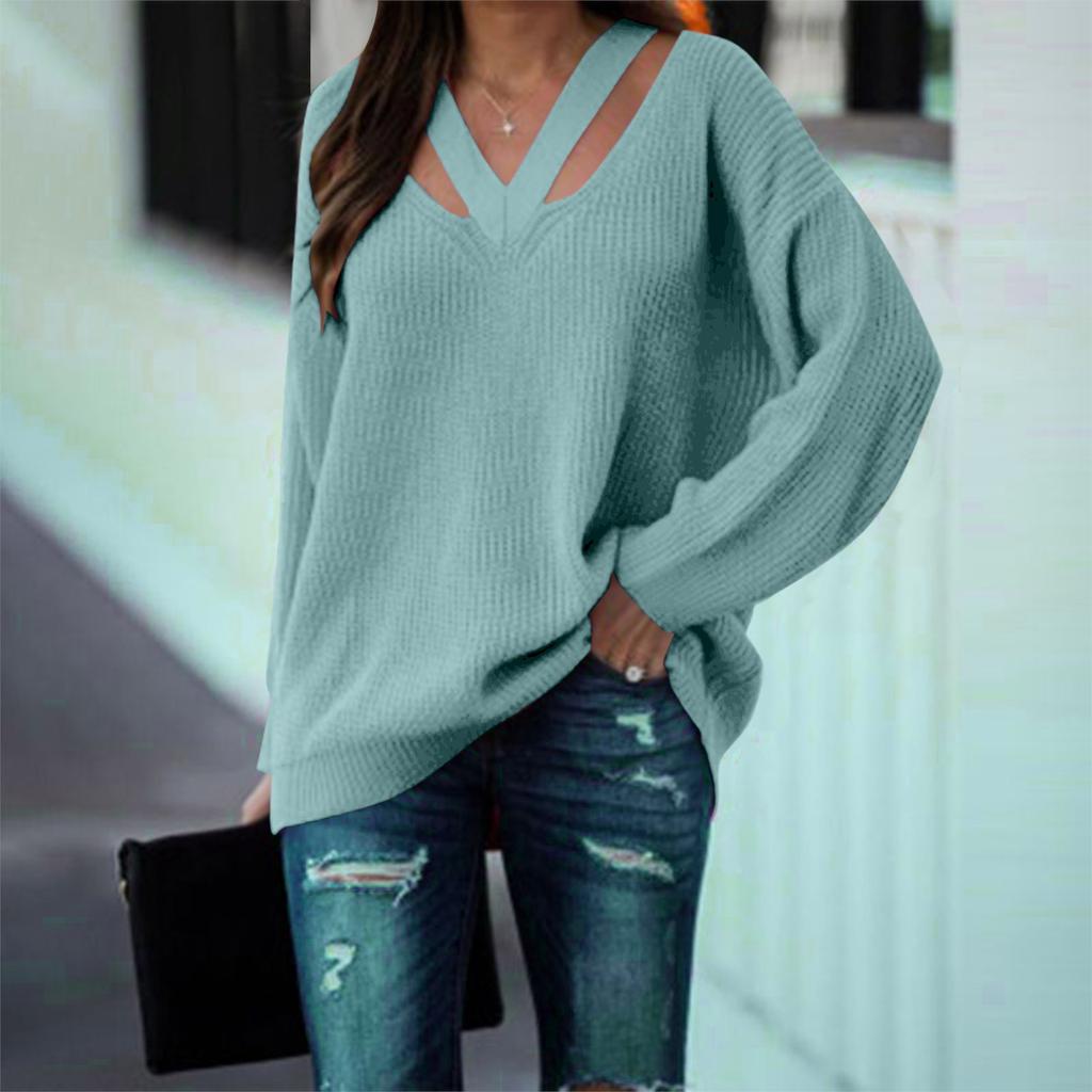 Женский модный свободный свитер с V-образным вырезом и длинным рукавом, однотонный повседневный свитер