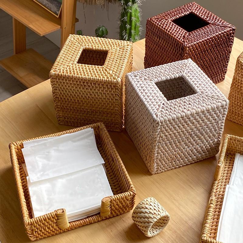 Nordic Style Woven Rattan Tissue Box Holder Square Rectangular Living Room Dining Table Decorative Storage