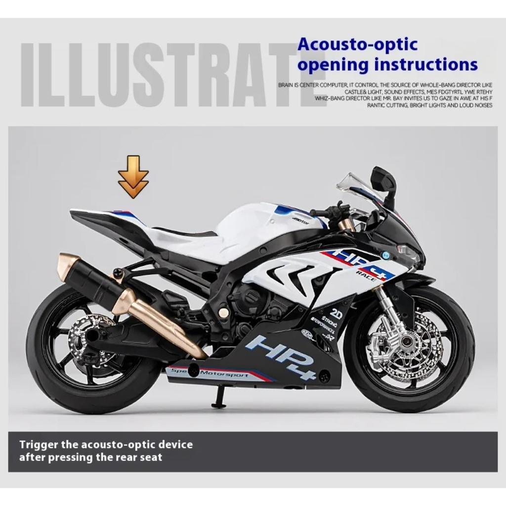 1/12 Модель мотоцикла BMW HP4 Металлическая литая модель локомотива Симуляция Свет Коллекция Украшение Подарок для мальчика