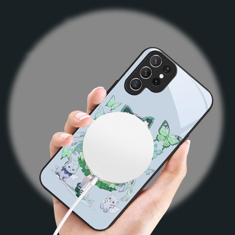 Q-версия Синяя Бабочка Подходит для Samsung Galaxy S25 Ultra S20 FE S21 S22+ S23 Plus S24 S26 Edge Магнитное Стекло Чехол для Телефона