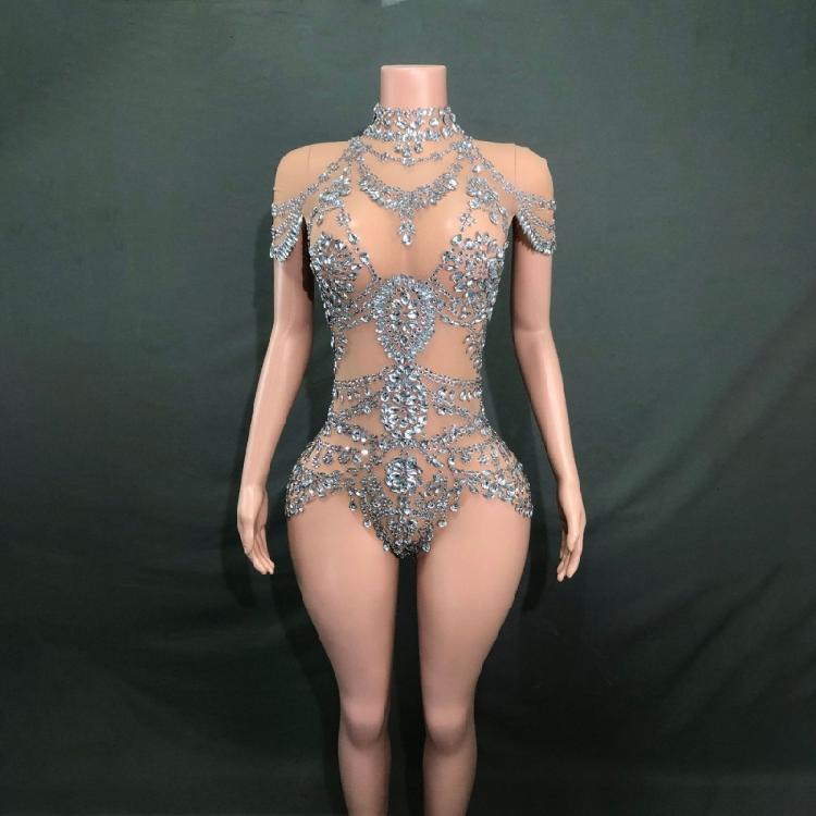 Glitter Rhinestones Bodysuit Drag Queen Costumes Outfit Rhinestones Bodysuits Dance Leotard for Womens