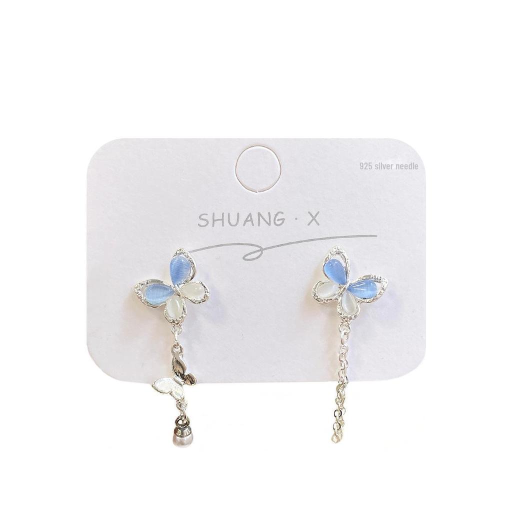 Серьги-кисточки «Летняя бабочка» с кошачьим глазом: Асимметричный розовый и голубой дизайн с серебряной иглой для женщин