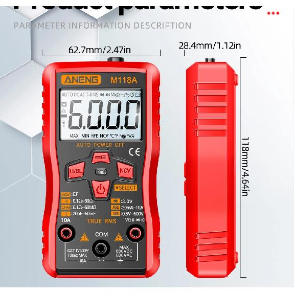 ANENG M118A Digital Mini Multimeter Tester 6000counts Auto Mmultimetro True Rms Tranistor Meter with NCV Data Hold Flashlight