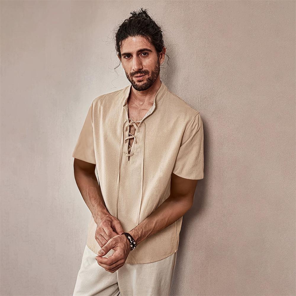 Винтажная футболка с коротким рукавом и V-образным вырезом для мужчин, однотонная, из хлопка и льна, дышащая, легкая, стильная, модная, мужские топы