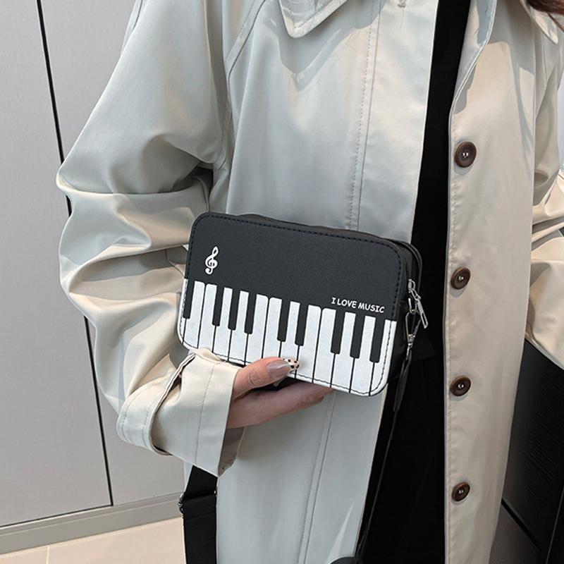 Piano Keys Black and White Sling Bag Contrast Color Casual Square Bag Ladies Travel Shopping Commute Date Bag KTY