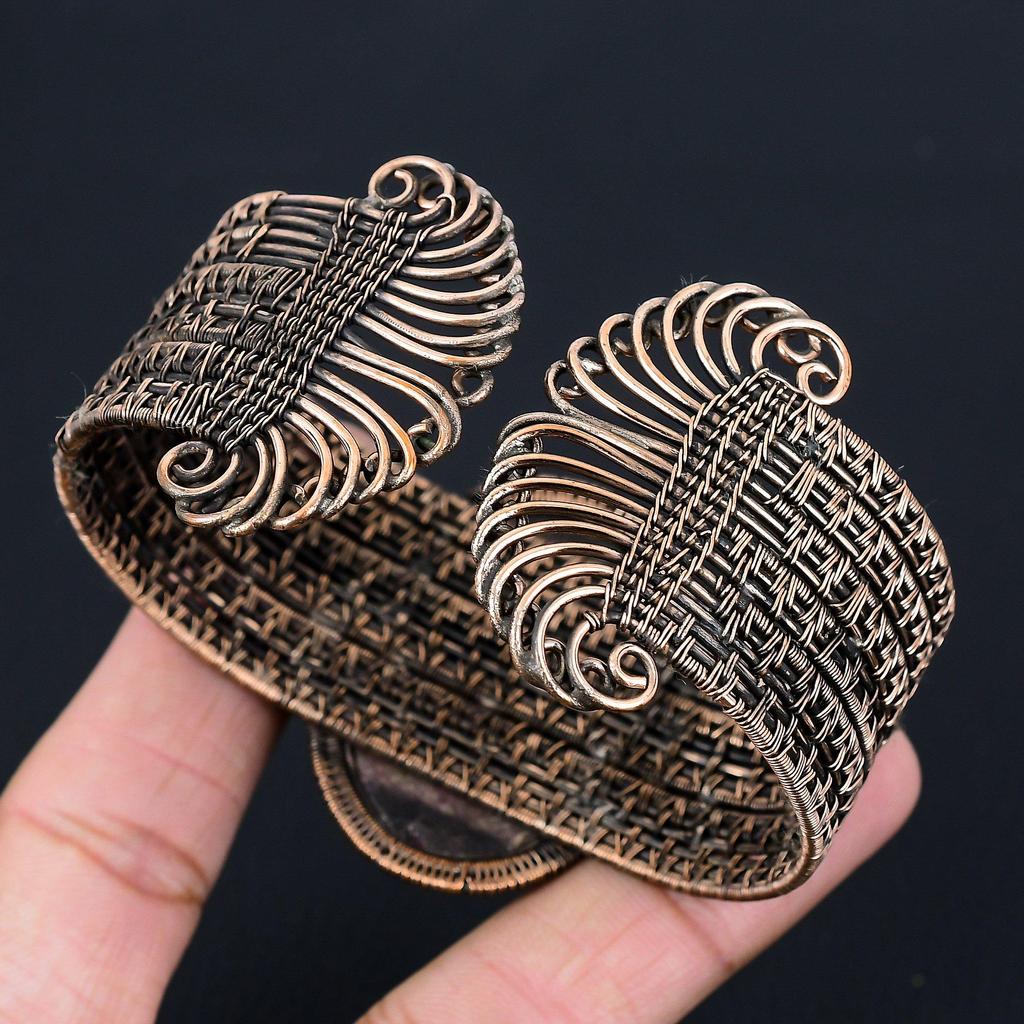 Родонит драгоценный камень чистая медная проволока обернутая манжета ручной работы/браслет ювелирные изделия регулируемые для подарка